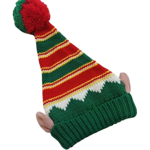 Women Christmas Elf Hat with Elf Ears, Funny Striped Knit Hat Novelty Ball Christmas Beanie Hat Winter Cap