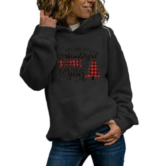 Women Christmas Fleece Sweaters Long Sleeve Fuzzy Sweatshirts Holiday Graphics Shirts Casual Cute Pullover Top with Hood