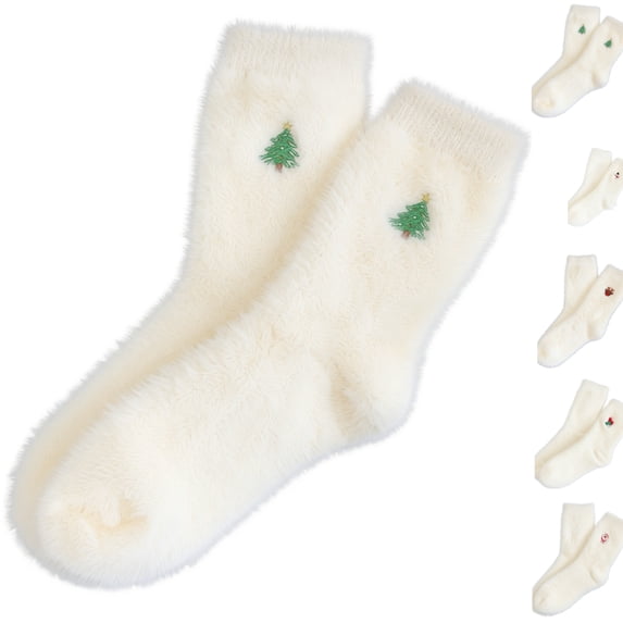 Women Christmas Fuzzy Embroidered Crew Socks, Soft Fluffy Warm Holiday Sleeping Socks, Cozy Thermal Indoor Socks, Festive Gift Socks for Ladies A