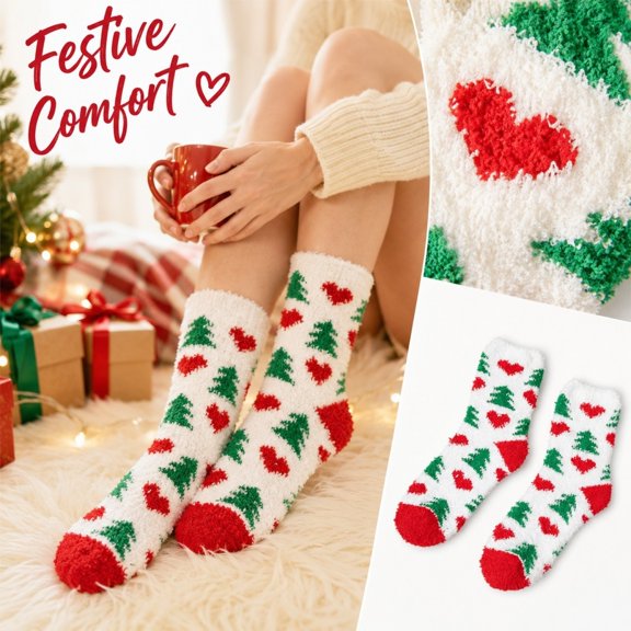 Women Christmas Fuzzy Mid‑Calf Socks,Soft Thick Plush Winter Sleep Coral Fleece Floor Socks, Christmas Print Cozy Holiday Home Socks For Women