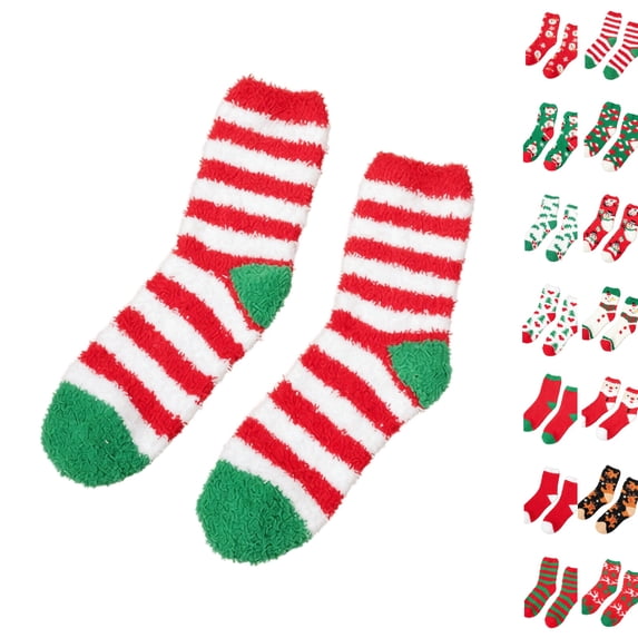 Women Christmas Fuzzy Slipper Socks, Plush Fluffy Cozy Home Sleeping Socks, Soft Warm Winter Indoor Socks, Assorted Holiday Theme Designs, Perfect Stocking Stuffer for Holiday Season H
