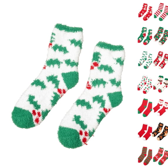 Women Christmas Fuzzy Slipper Socks, Plush Fluffy Cozy Home Sleeping Socks, Soft Warm Winter Indoor Socks, Assorted Holiday Theme Designs, Perfect Stocking Stuffer for Holiday Season C