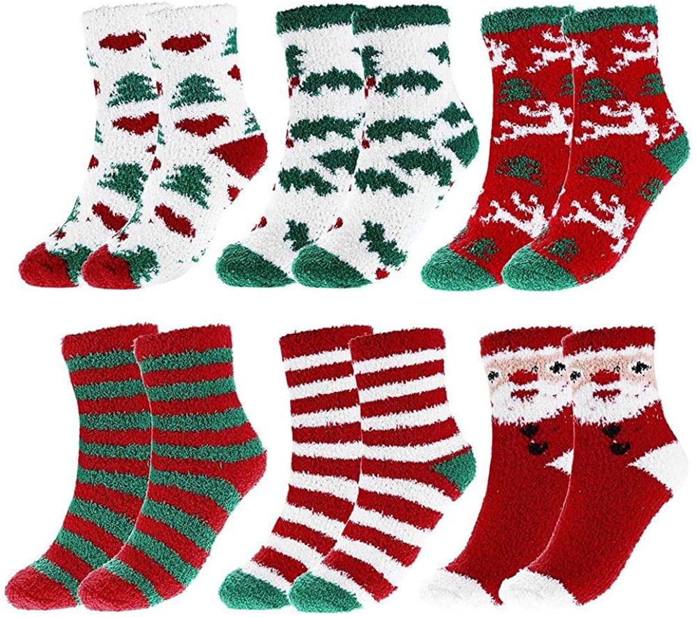 Women Christmas Fuzzy Socks, Fluffy Socks,Winter Warm Cozy Striped Socks, Crew Socks,Adult Home Slipper Socks,6 Pairs