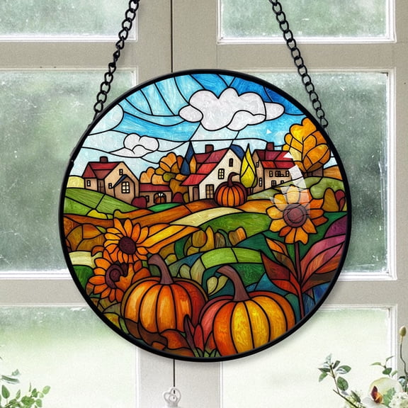 Women Christmas Gift - Autumn Harvest Village Holiday Stained Glass Hanging Ornament - Festive Christmas Tree Decor, Seasonal Gift for Mom, Dad, Friends, Family