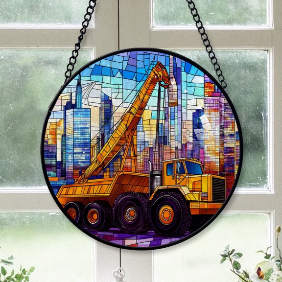 Women Christmas Gift - Construction Truck Christmas Stained Glass Hanging Ornament - Bright Holiday Tree Decoration & Secret Santa Gift for Family & Friends