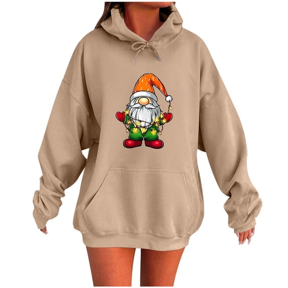 Women Christmas Gnome Graphic Hoodie Sweatshirts Long Sleeve Oversized Pullover Shirts Xmas Print Sweater Gift Tops