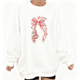 thumbnail image 1 of Women Christmas Graphic Tee T-Shirt Merry Christmas Pink Bow Santa Print Top Round-neck long-sleeved white S-3XL, 1 of 5