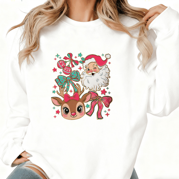 Women Christmas Graphic Tee T-Shirt Retro Santa Reindeer Bow Christmas Print Top Round-neck long-sleeved white S-3XL