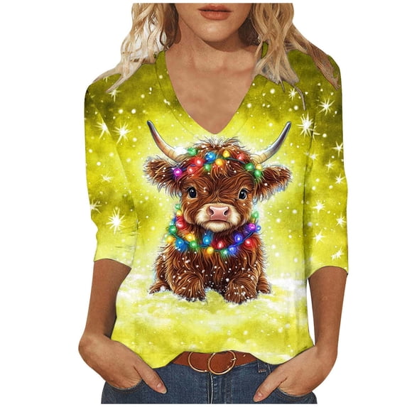 Women Christmas Highland Cow Shirt Cute Animal Graphic Farm Pullover Country Western Casual 3/4 Sleeve Shirts Tops