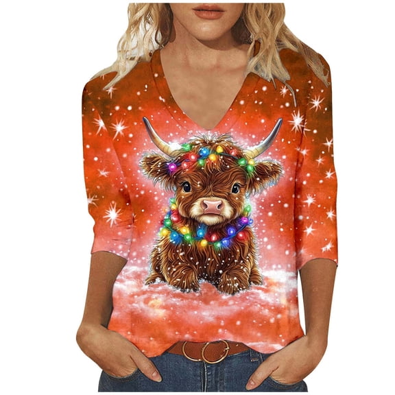 Women Christmas Highland Cow Shirt Cute Animal Graphic Farm Pullover Country Western Casual 3/4 Sleeve Shirts Tops