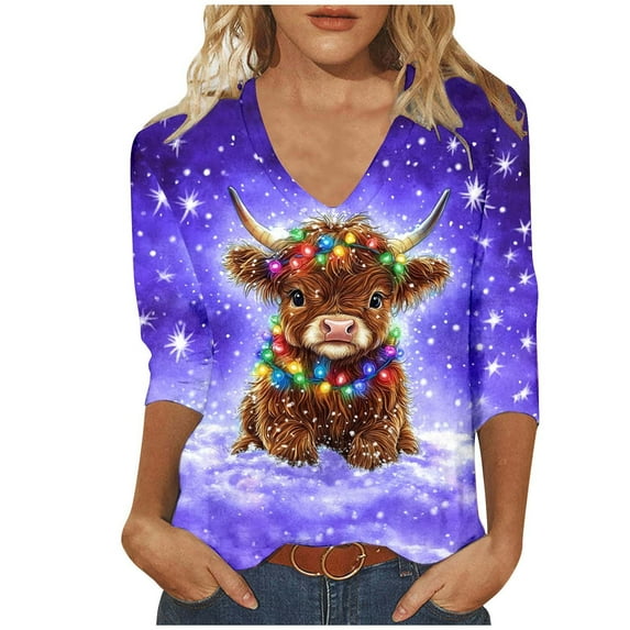 Women Christmas Highland Cow Shirt Cute Animal Graphic Farm Pullover Country Western Casual 3/4 Sleeve Shirts Tops