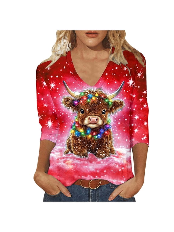 Women Christmas Highland Cow Shirt Cute Animal Graphic Farm Pullover Country Western Casual 3/4 Sleeve Shirts Tops