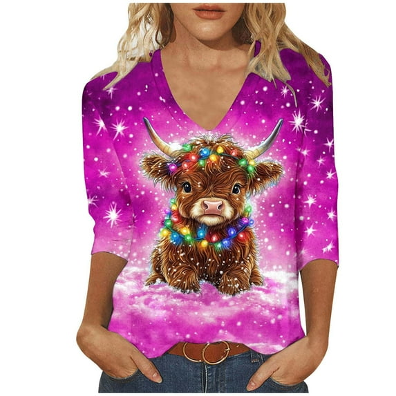Women Christmas Highland Cow Shirt Cute Animal Graphic Farm Pullover Country Western Casual 3/4 Sleeve Shirts Tops