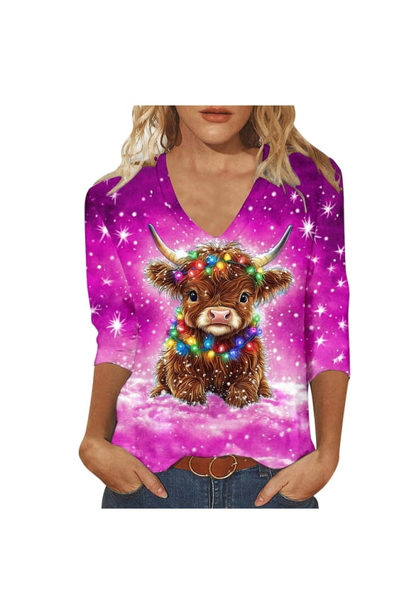 Women Christmas Highland Cow Shirt Cute Animal Graphic Farm Pullover Country Western Casual 3/4 Sleeve Shirts Tops