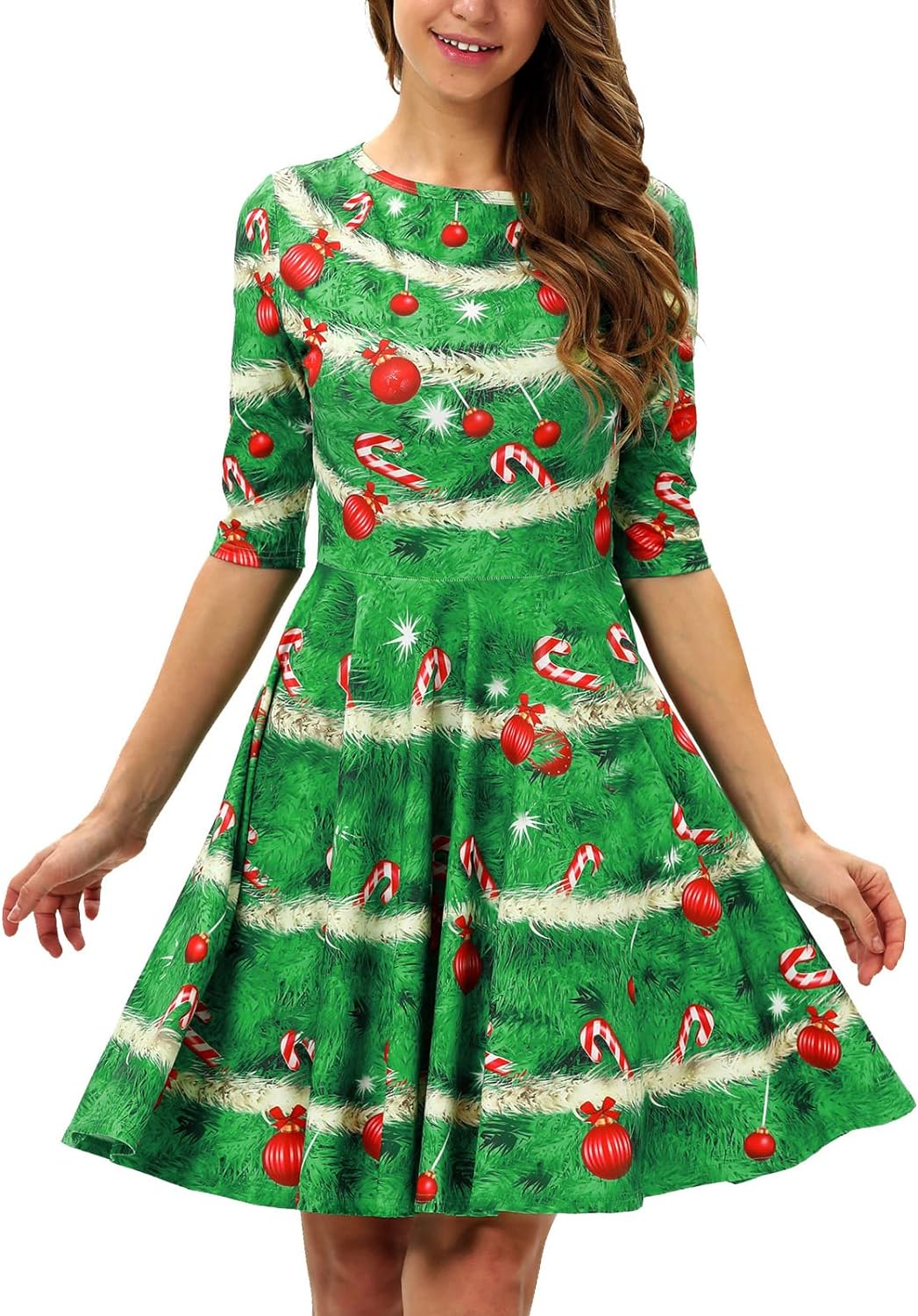 Women Christmas Holiday Flare Dress Short Dress 3D Printed Novelty Midi