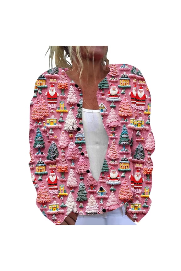 Women Christmas Knit Cardigan Plus Size Festive Print Long Sleeve Coat V Neck Button Up Jacket Holiday Party Daily Winter Wear