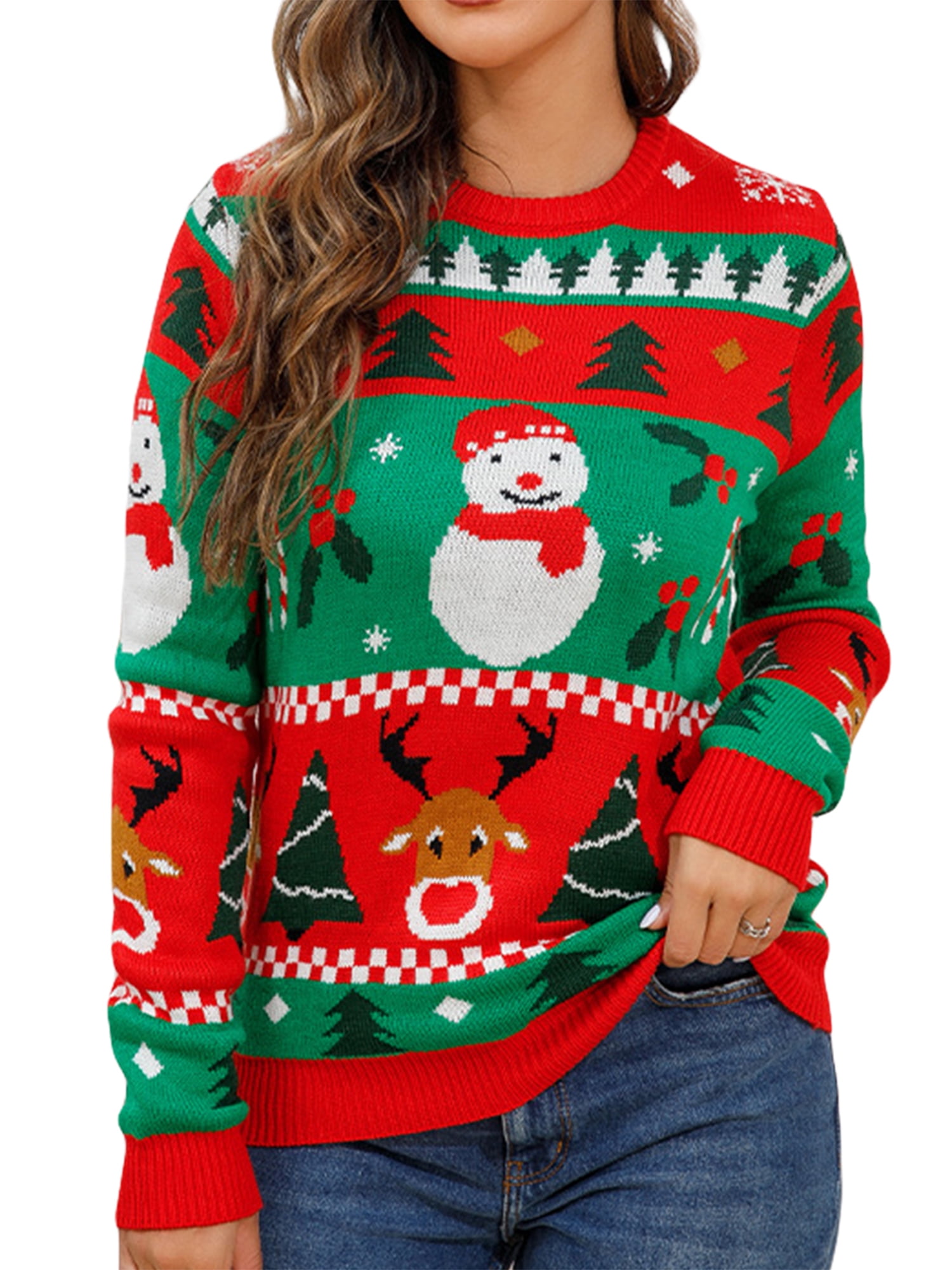 Women Christmas Knit Sweater Long Sleeve Crew Neck Pullovers Fall ...