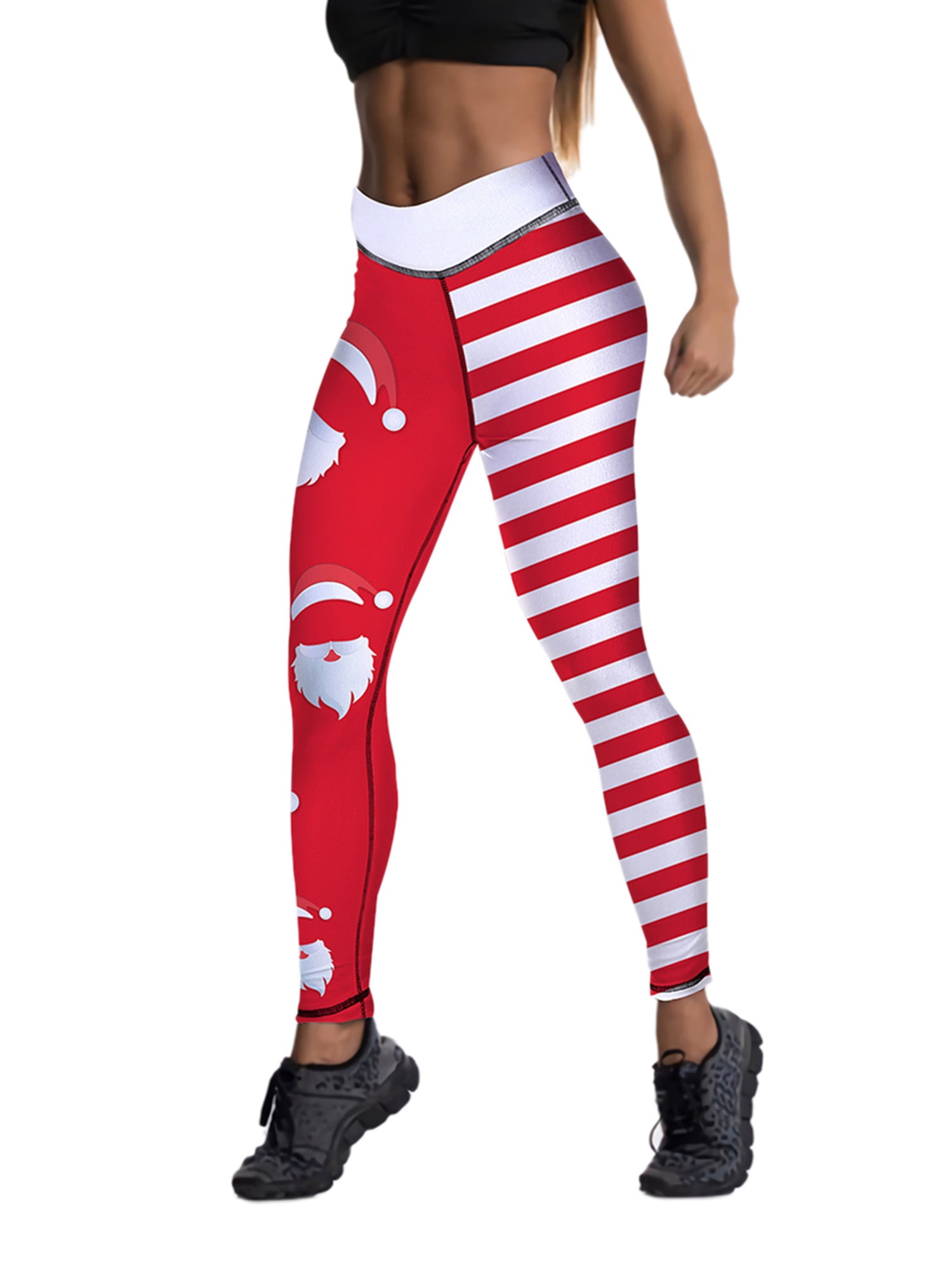 Women Christmas Leggings Pants Ugly Santa Claus Stripes Print High Waist  Skinny Workout Athletic Yoga Pants
