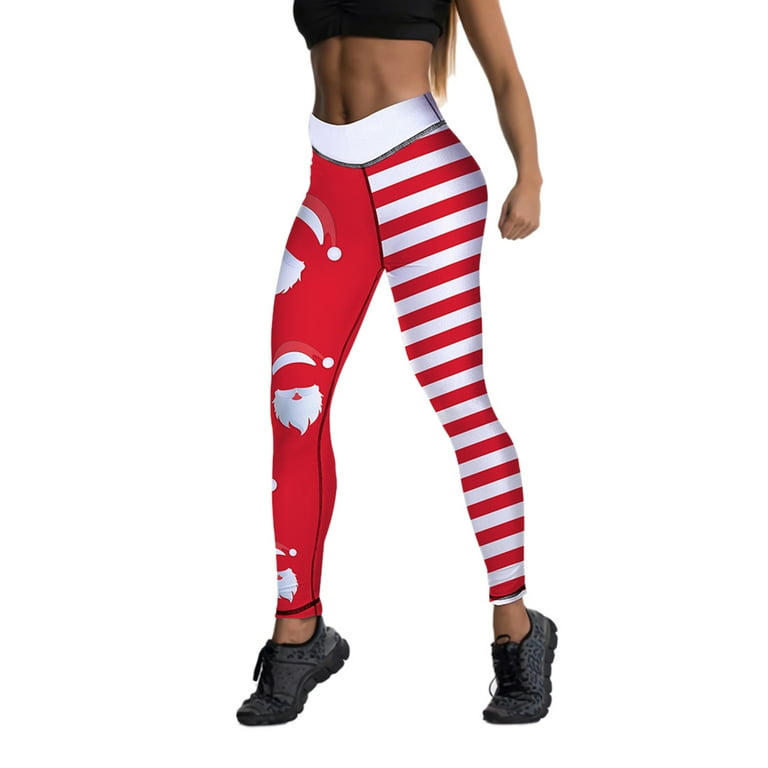Women Christmas Leggings Pants Ugly Santa Claus Stripes Print High Waist  Skinny Workout Athletic Yoga Pants 