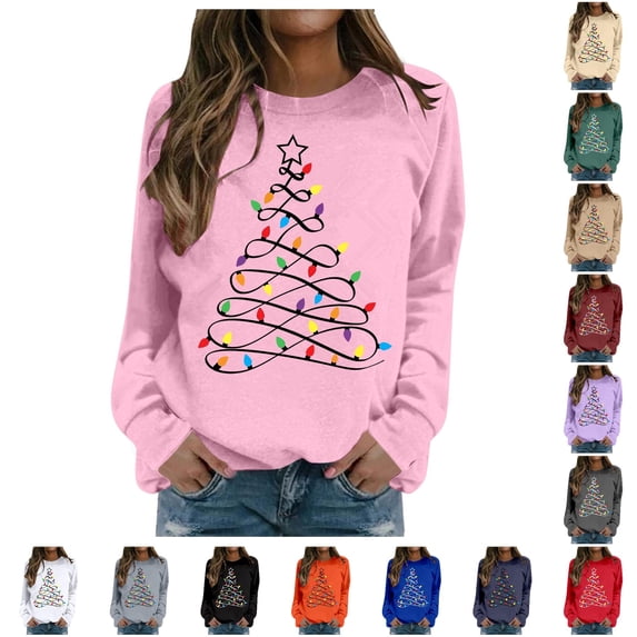 Women Christmas Light Tree Graphic Crewneck Sweatshirt Holiday Pullover