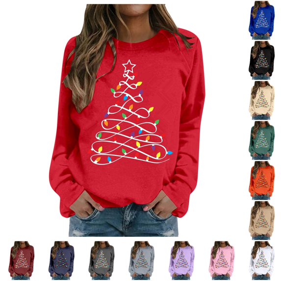 Women Christmas Light Tree Graphic Crewneck Sweatshirt Holiday Pullover