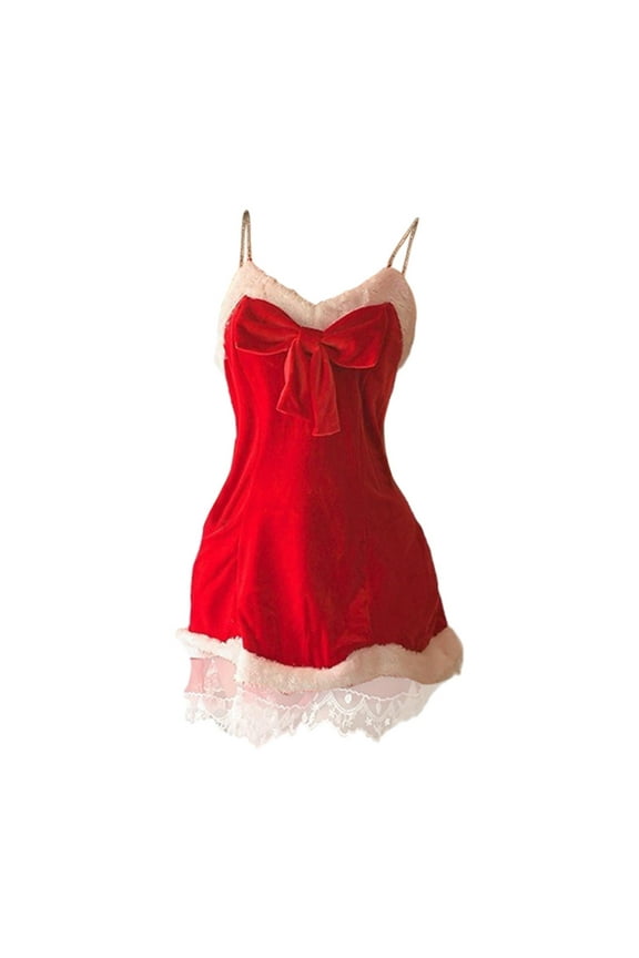 Women Christmas Lingerie Cute Bows Decor Xmas Costume Santa Claus Mini Dress