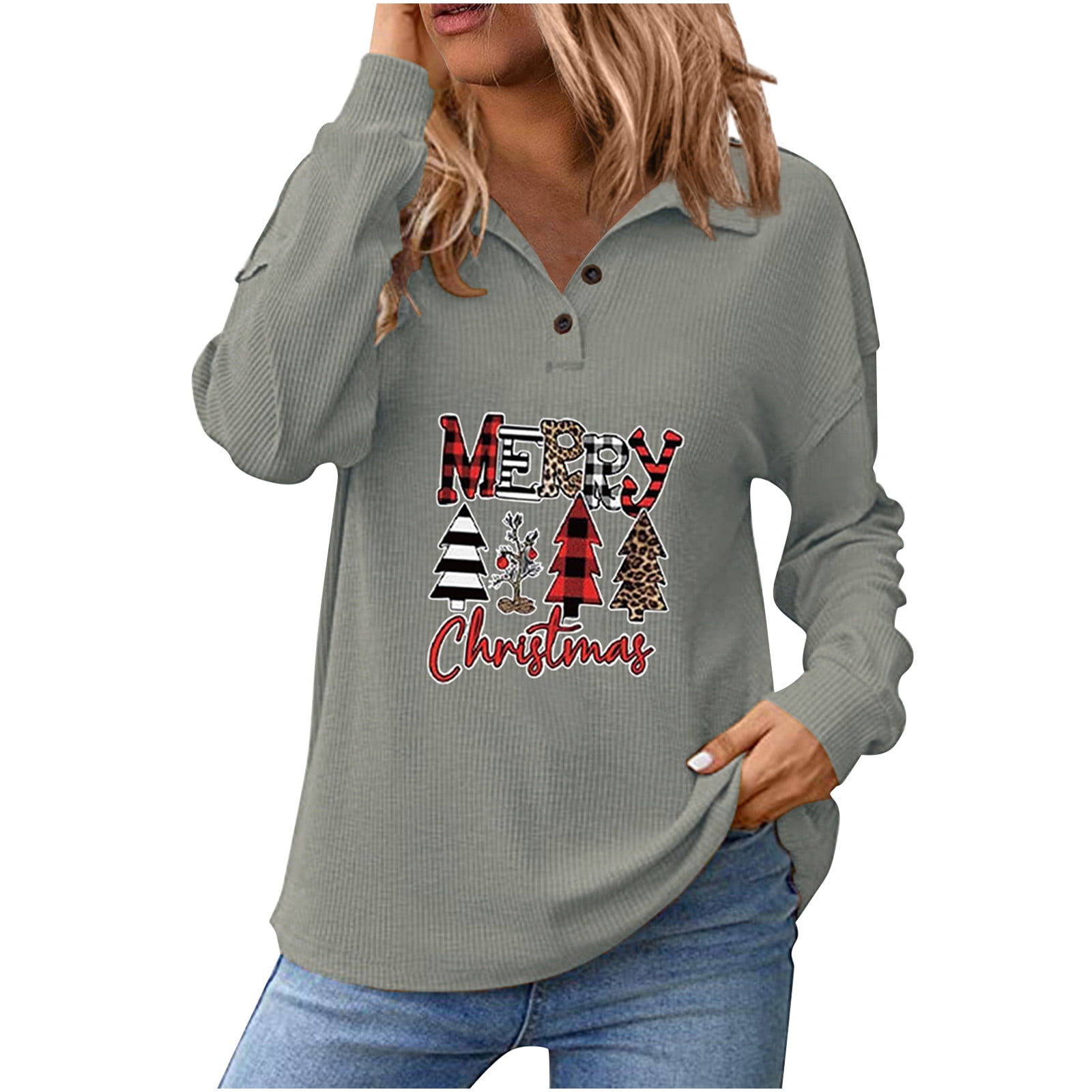 Women Christmas Long Sleeve Sweatshirts Lapel Collar Lightweight Casual