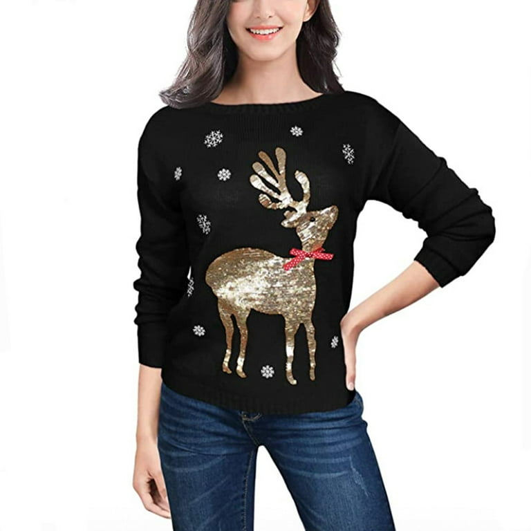 Women Christmas Loose Knit Sweater Sequins Elk Long Sleeve Pullovers Spring Fall Crew Neck Jumpers Streetwear S XXL