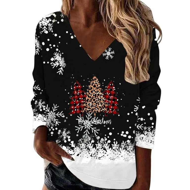 Women Christmas Loose Sweatshirt Black Christmas Tree Snowflake