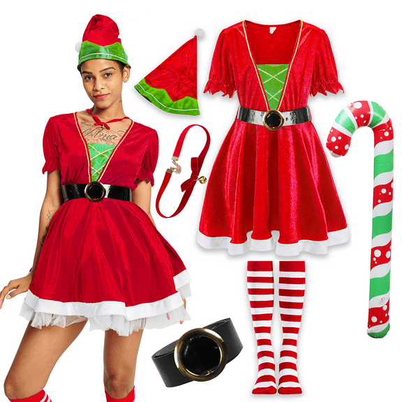 Women Christmas Mrs Santa Costume, 6 Pcs Santa Elf Fancy Dress Mrs Claus Outfit Red Suit with Hat Belt Necklace Stocking for Xmas L