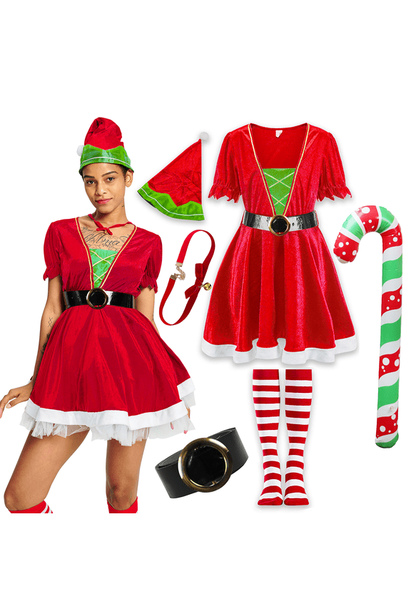 Women Christmas Mrs Santa Costume, 6 Pcs Santa Elf Fancy Dress Mrs Claus Outfit Red Suit with Hat Belt Necklace Stocking for Xmas L