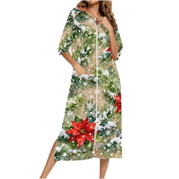 Women Christmas Nightgown Long Sleeve Zipper Front Robes Full Length Xmas Graphic Pajama Dress Loungewear (S, Khaki)