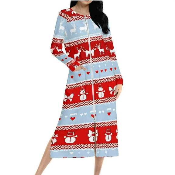 Women Christmas Nightgown Long Sleeve Zipper Front Robes Full Length Xmas Graphic Pajama Dress Loungewear (S, Light Blue)