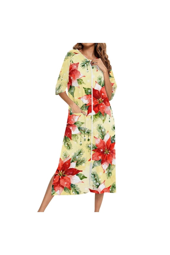 Women Christmas Nightgown Long Sleeve Zipper Front Robes Full Length Xmas Graphic Pajama Dress Loungewear (S, Yellow)