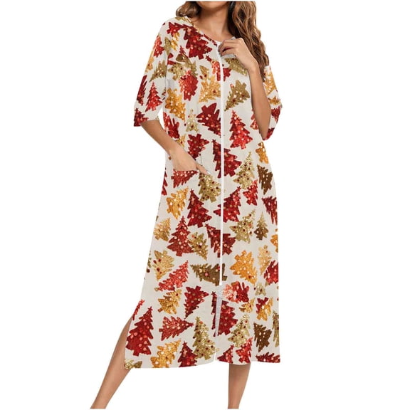 Women Christmas Nightgown Long Sleeve Zipper Front Robes Full Length Xmas Graphic Pajama Dress Loungewear (XL, Khaki)