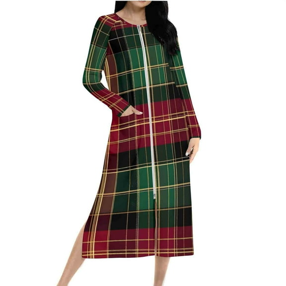Women Christmas Nightgown Long Sleeve Zipper Front Robes Full Length Xmas Plaid Graphic Pajama Dress Loungewear (M, Green)