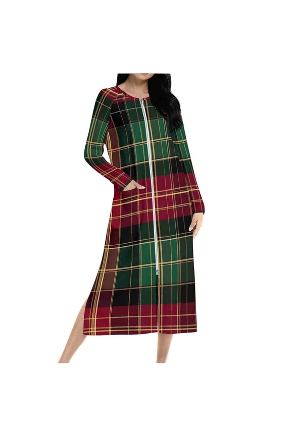 Women Christmas Nightgown Long Sleeve Zipper Front Robes Full Length Xmas Plaid Graphic Pajama Dress Loungewear (M, Green)