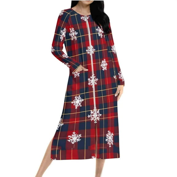 Women Christmas Nightgown Long Sleeve Zipper Front Robes Full Length Xmas Plaid Graphic Pajama Dress Loungewear (M, Red)