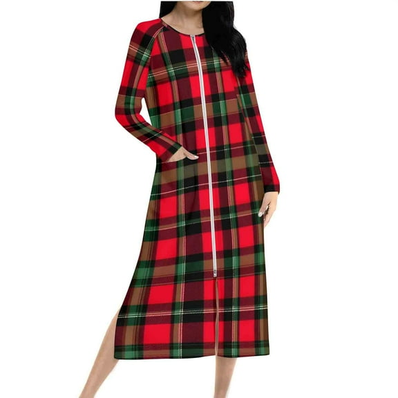 Women Christmas Nightgown Long Sleeve Zipper Front Robes Full Length Xmas Plaid Graphic Pajama Dress Loungewear (M, Red)