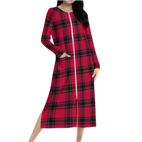 Women Christmas Nightgown Long Sleeve Zipper Front Robes Full Length Xmas Plaid Graphic Pajama Dress Loungewear (XL, Red)