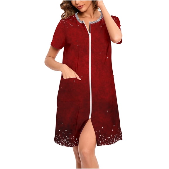 Women Christmas Nightgown Zip Front Short Sleeve Sleepwear Soft Fleece Loungewear House Dress Nightshirt