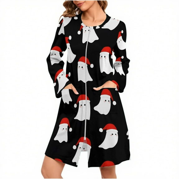 Women Christmas Nightgown Zip Front Sleepwear Winter Warm Loungewear Soft Fleece House Dress Nightwear