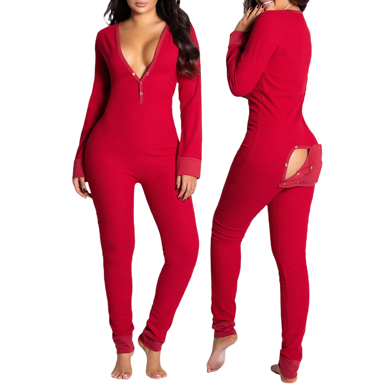 Women Christmas One Piece Butt Flap Jumpsuits Pajamas V Neck Onesie Romper Front Functional Buttoned Flap Overalls