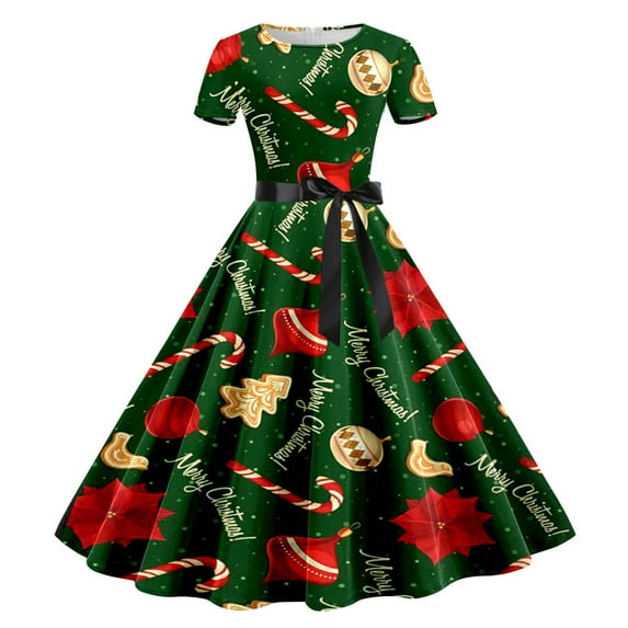 Women Christmas Outfit 1950s Christmas Themed Evening Party Prom Dress for Women with Festive Print and Short Sleeve Design Green L