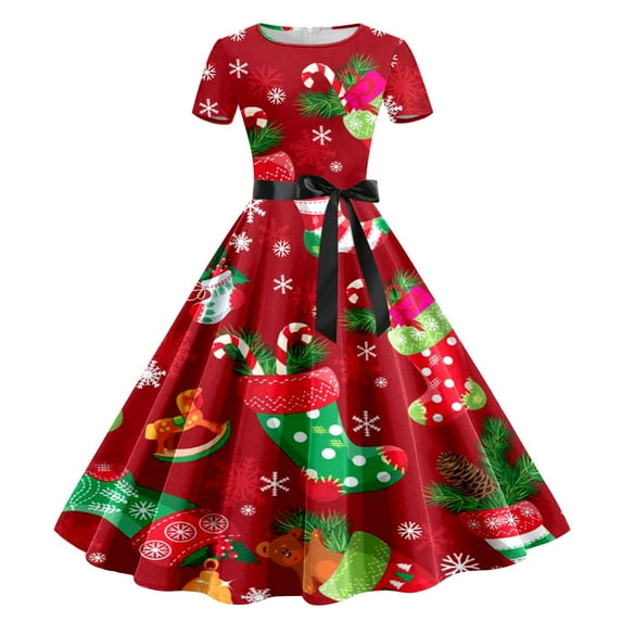 Women Christmas Outfit 1950s Christmas Themed Evening Party Prom Dress for Women with Festive Print and Short Sleeve Design Red L