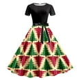 thumbnail image 1 of Women Christmas Outfit 1950s Christmas Themed Women's Party Dress with Festive Print Short Sleeve Elegant Evening Attire for Holiday Gatherings Brown M, 1 of 3