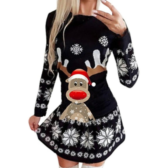 Women Christmas Outfit Elegant Women's Long Sleeve Round Neck Snowflake Print Party Dress for Festive Holiday Casual Wear Black XL