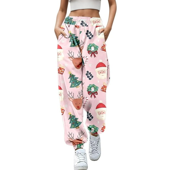 Women Christmas Outfit Festive High Waisted Stretch Sweatpants For Women With Lace Up Detail And Comfortable Holiday Print Design White S