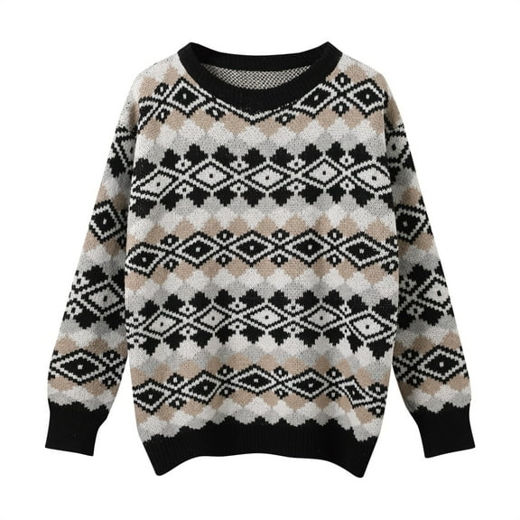 Women Christmas Outfit Women's Aztec Western Print Pullover Sweater Crewneck Fairy Grandpare Style Thermal Underwear Top Black One Size