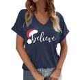 thumbnail image 1 of Women Christmas Outfit Women's Fashion V-Neck Christmas Print Loose Fit Casual T-Shirt Top for Everyday Wear Blue S, 1 of 5